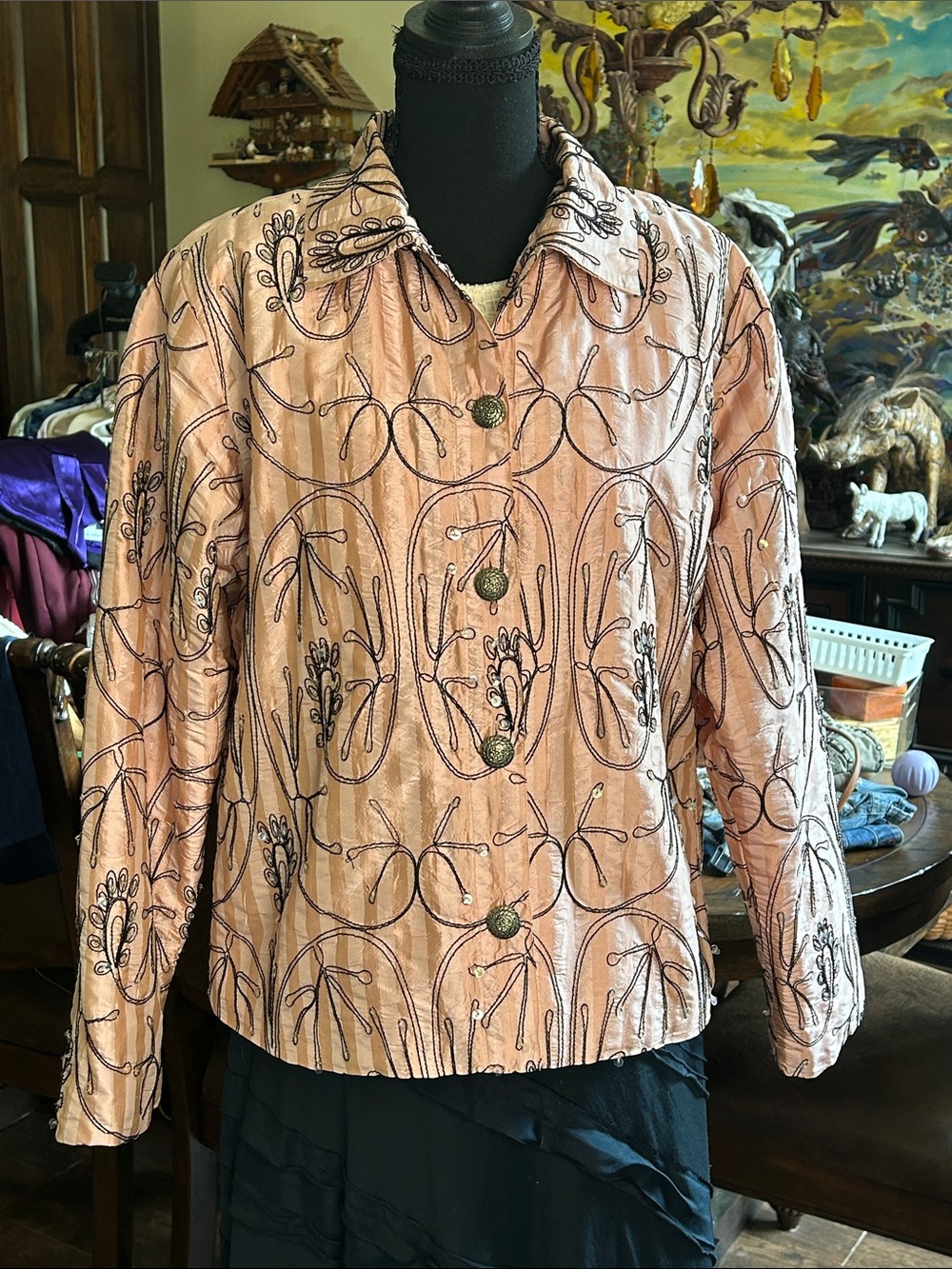 Bleu Bayou Sz L Y2K 100% Silk Pink Button Front Embroidered Women's Jacket